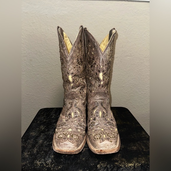 Corral Vintage Jessica Western Cowgirl Boots Brown Inlay Leather Studs Size 7 - Picture 2 of 10